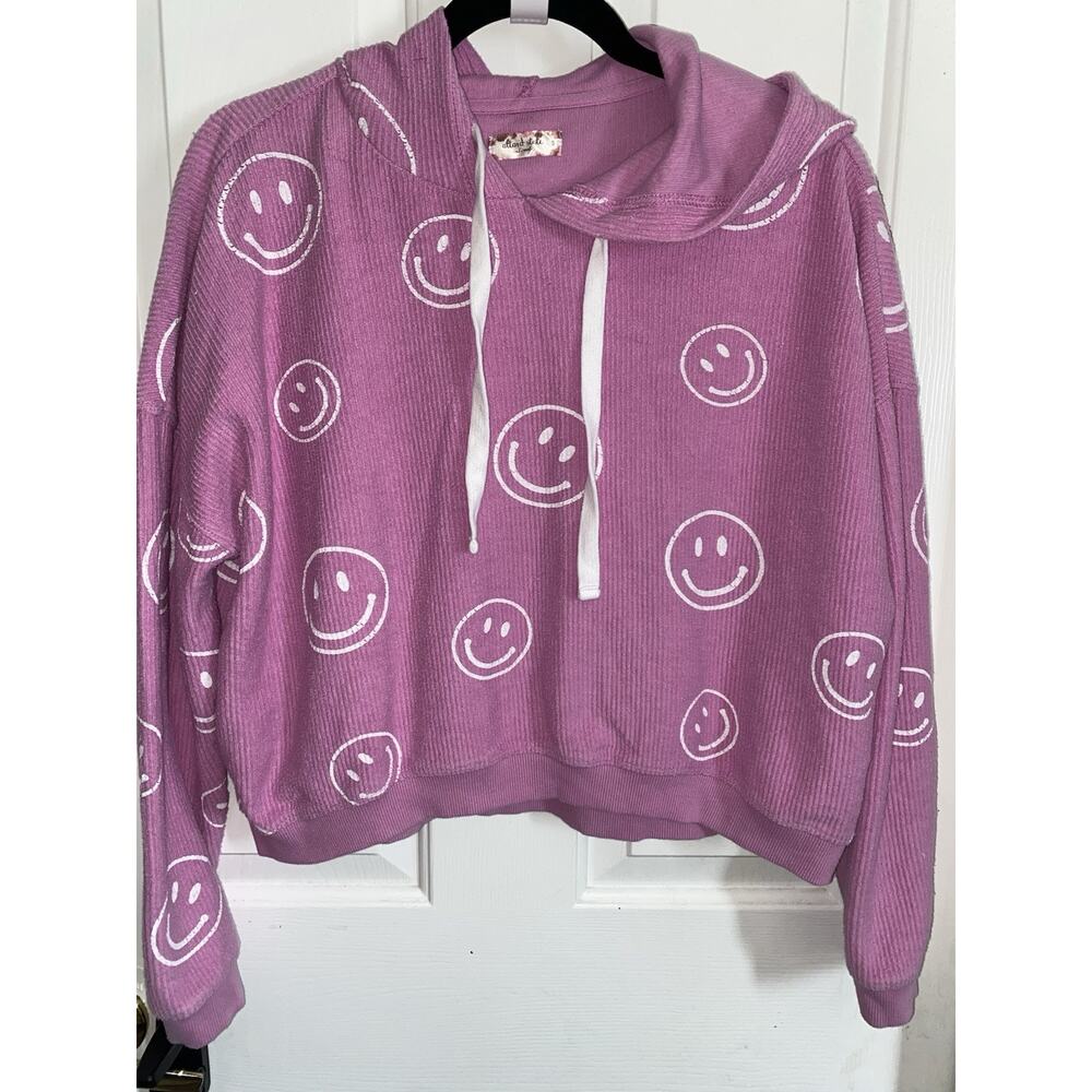 Girls Cropped Smiley Face Hot Pink Hoodie Size Small